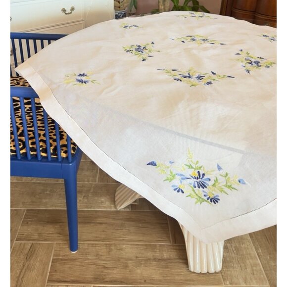 VTG Embroidered Sheer Table Cover 4 Matching Beverage Napkins Blue Green Floral - Picture 16 of 16